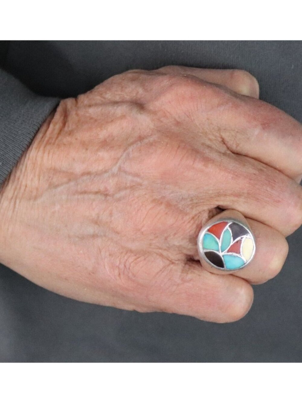 Men's or Women's Sterling Silver Turquoise Coral Onyx Ring Size 9 1/2 - Picture 5 of 9